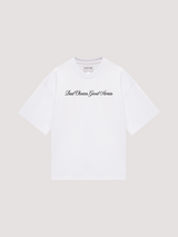 White oversized t-shirt "Bad choices, good stories"